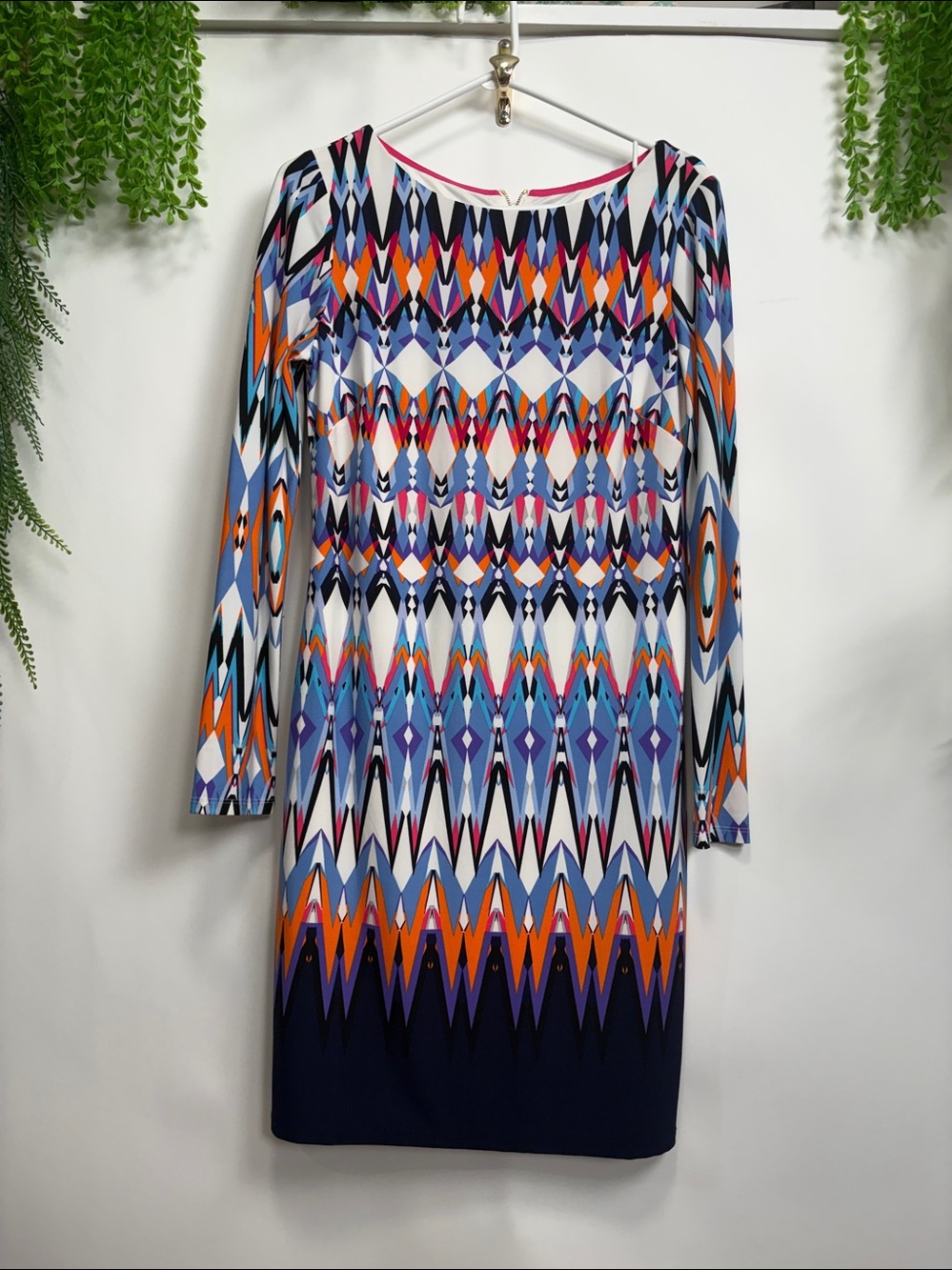 Vince Camuto Orange and Blue Sheath Dress with Bateau Neckline